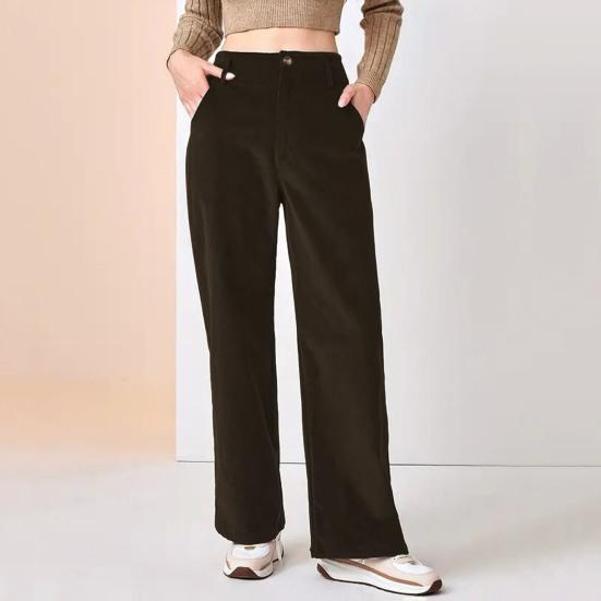 Women Corduroy Long Pants High Waist Button Zipper Fly Solid Color Straight Wide Leg Trousers with