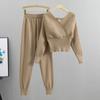 Eleganter Trainingsanzug Sexy Zweiteiler Damen Koreanischer Stil Gerippt Gestricktes Rückenfreies Top und Lange Haremshose Anzug Herbstoutfits y2k
