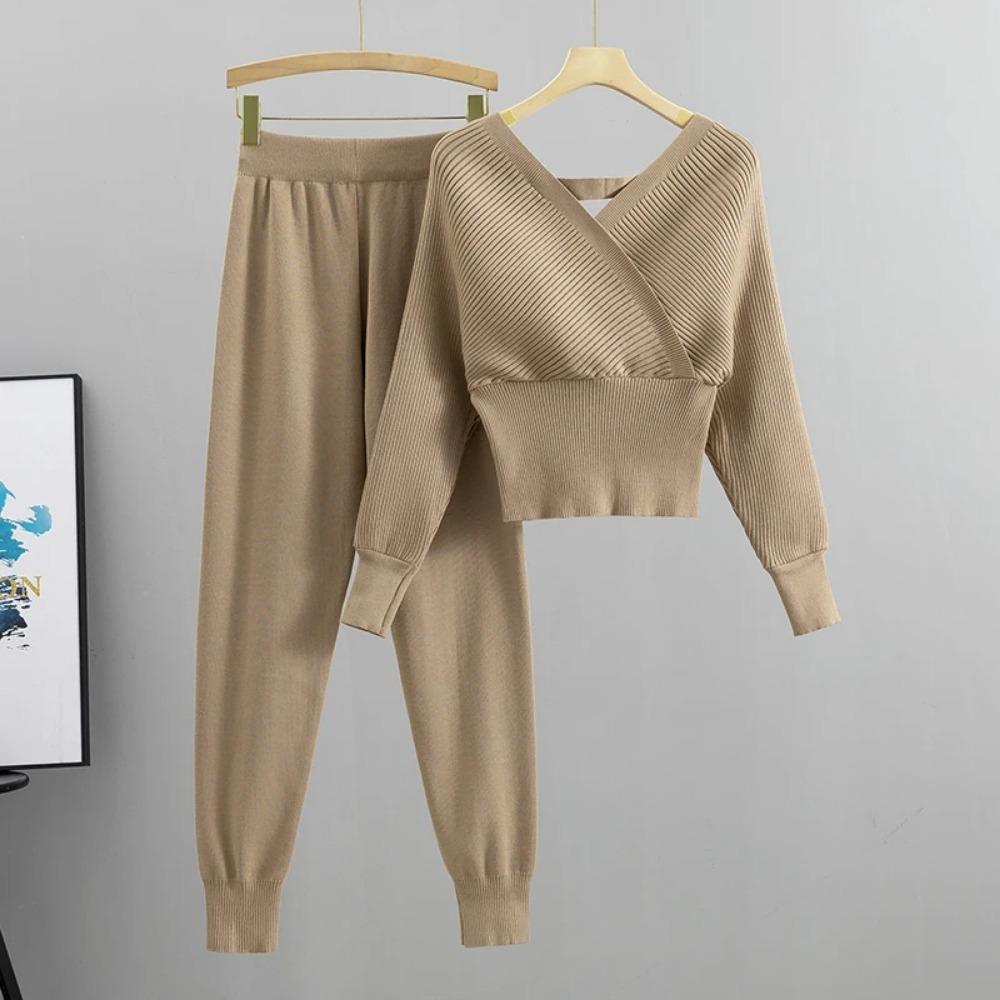 Eleganter Trainingsanzug Sexy Zweiteiler Damen Koreanischer Stil Gerippt Gestricktes Rückenfreies Top und Lange Haremshose Anzug Herbstoutfits y2k