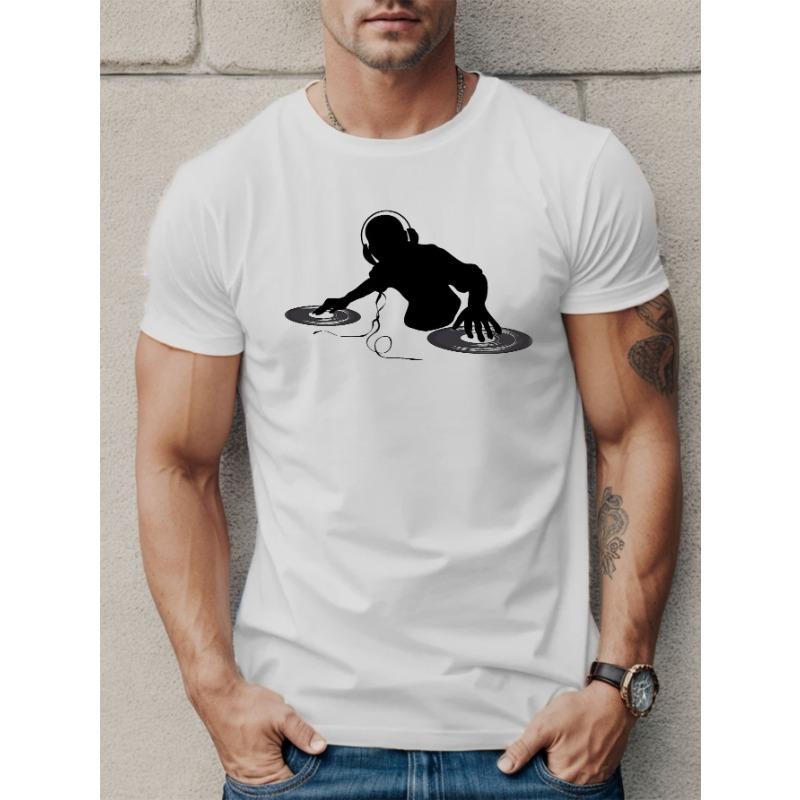 European Sizes Men's DJ-Inspired Graphic Tee - Casual Short Sleeve, Breathable, Summer T-Shirt with Geometric Design