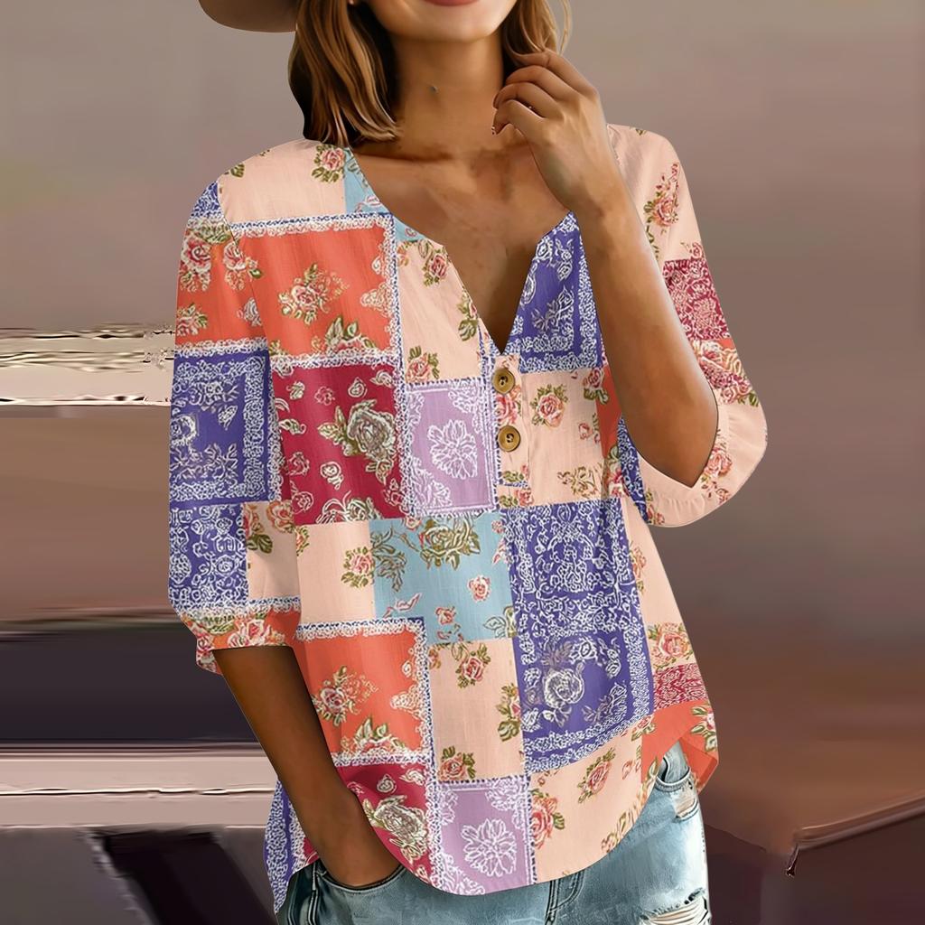 Women’s Fashion Printed Patchwork Henley Neck Button Front Three Quarter Sleeve Cotton Linen Shirt for Casual or Daily Wear