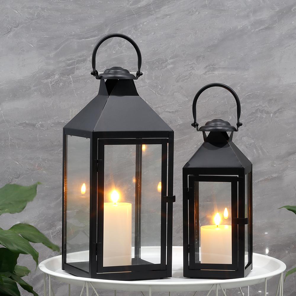 Set of 2 Vintage Metal Black Candle Holder with Tempered Glass for Events Wedding