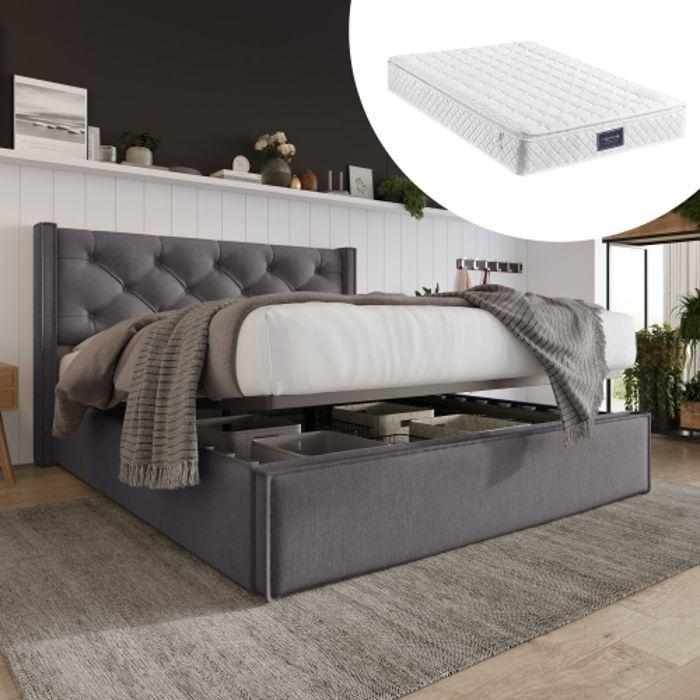 Lit double 140x200cm - MUVOE - Vintage - Métal - Rangement - Matelas inclus
