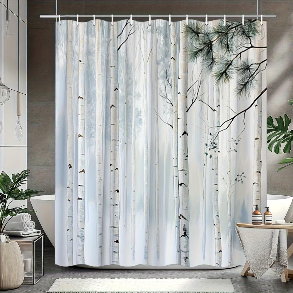 1pc Serene Birch Forest Shower Curtain - White Dead Tree Trunk Mist Watercolor Design,, 70.8x70.8 Inches, 12 Hooks, Washable and