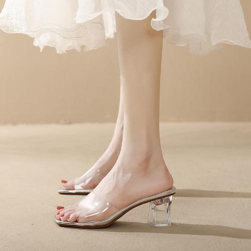 Women Open Toe Transparent Crystal Heel Thick Sandals Slide Slippers Outdoor Vulcanized Shoes Summer High Heels