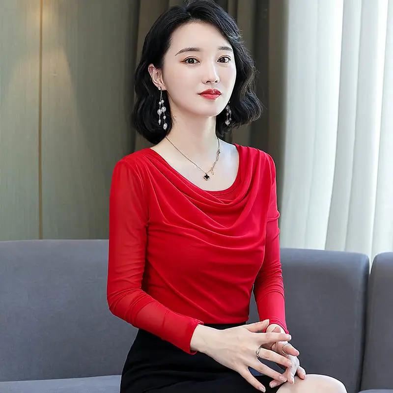 T-shirt Women's Long-sleeved Fashionable Base Shirt New Autumn and Winter Mesh Large-size Top Temperament