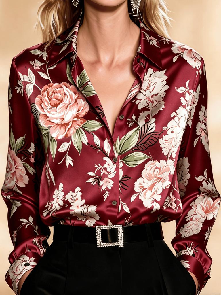 Women's Satin Floral Print Long Sleeve Shirt Lapel Collar Elegant Daily Blouse