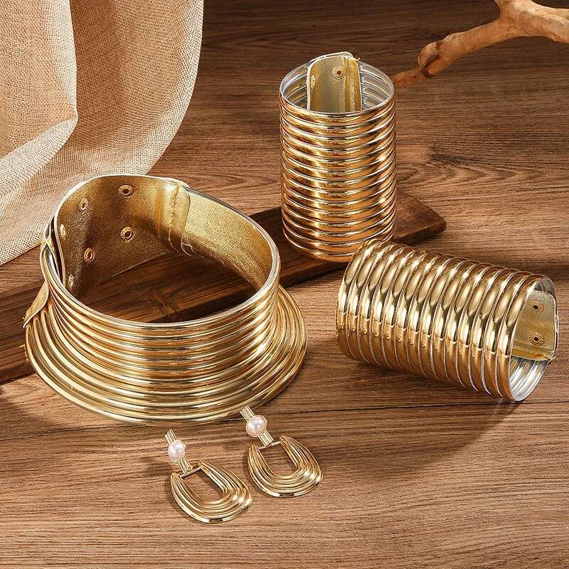 5pcs African Statement Zircon Set 2025 Trendy Golded Leather Choker Neck Necklace Bracelet Earrings For Women Party Accessories