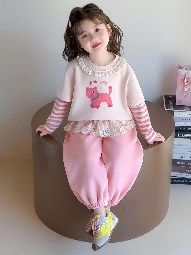 Girls' Lace Collar Sweatshirt and Pants Set - Casual Spring/Autumn Style