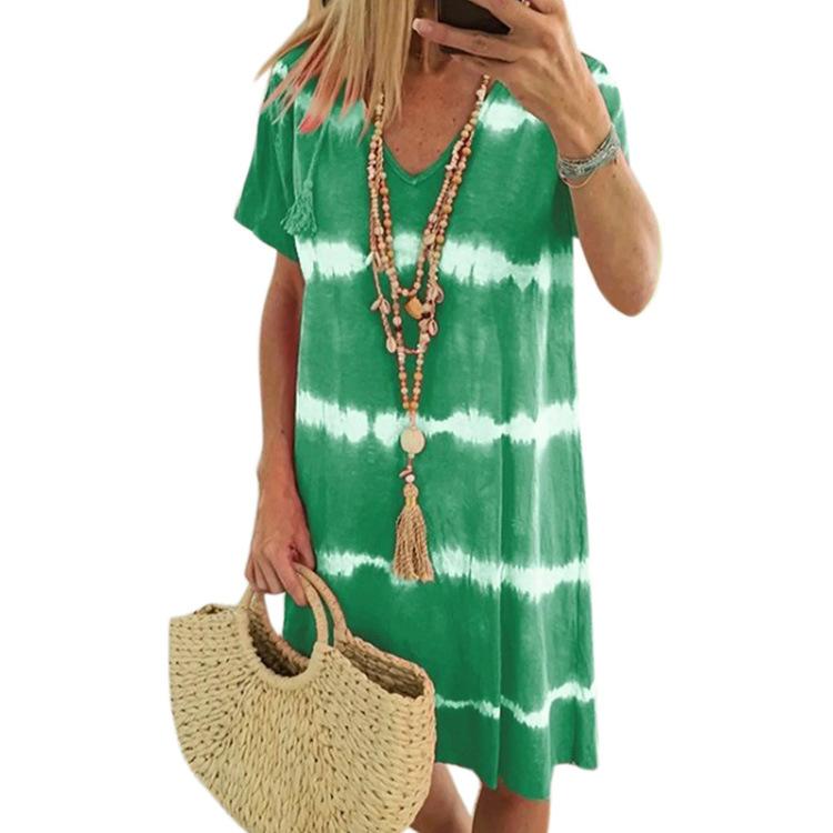 Women's Fashion Summer Spring Colour Block Print Short Sleeve V-Neck Loose Waistline Casual Dresses