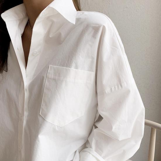 Chemise à revers à manches longues pour femmes, fermeture boutonnée avec poches plaquées, coupe ample, couleur unie, chemise décontractée, vêtements de travail
