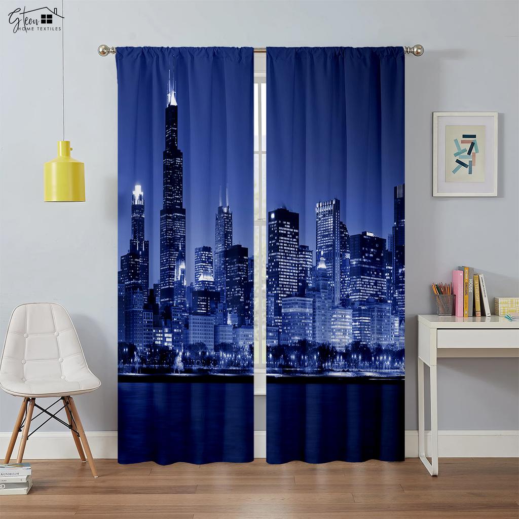 High Quality City Building 3d Printed Window Drapes Night View Hand Painted Industrial Design Room Darkening Heat Insulation Curtains