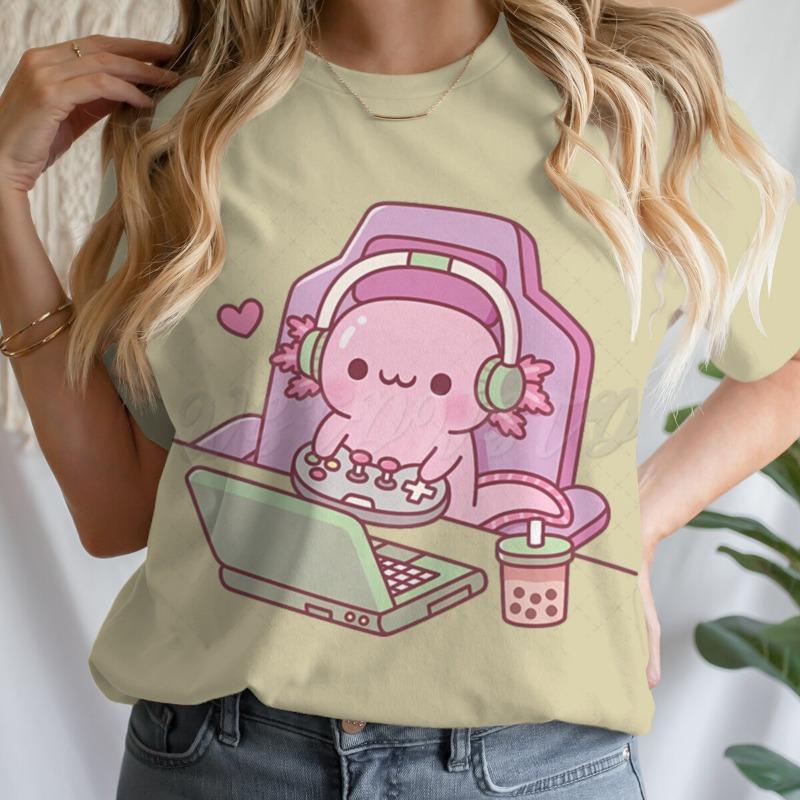 Cute Axolotl Playing Games T-shirt Female Casual Summer Drink Top Tie Dye Boba Tea Cartoon T-shirts Gamer Funny Short Sleeve Tee