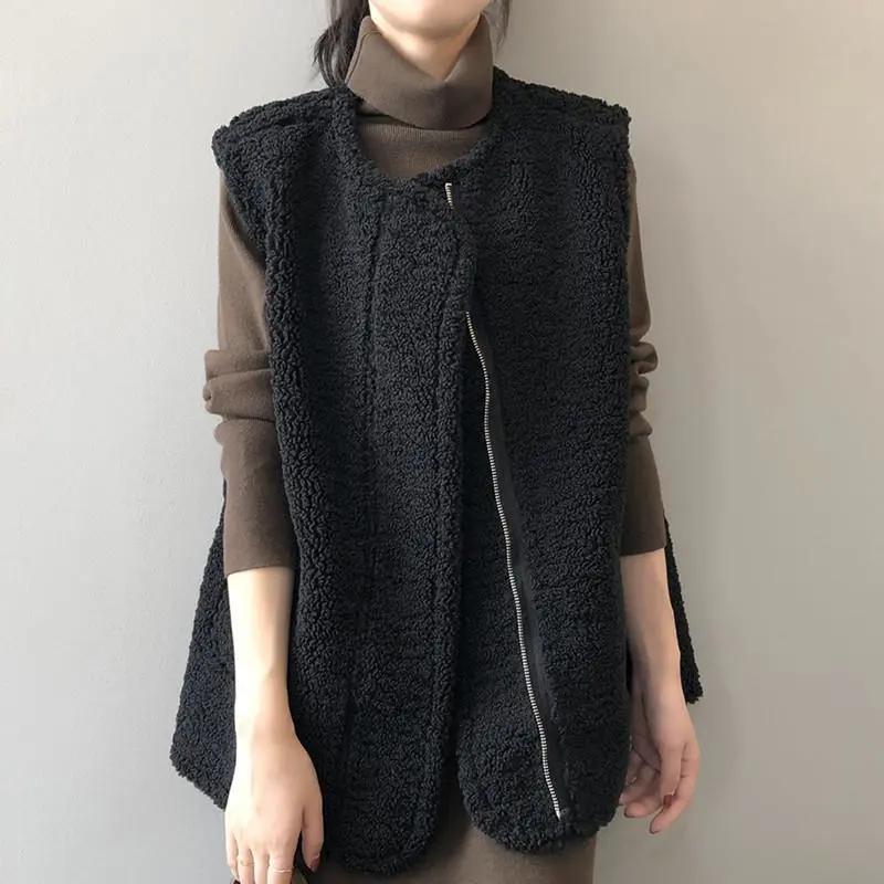 Women's Autumn Winter Lamb Wool Vest Jacket Loose Two Sided Wearing Sleeveless Coat Female Casual Zipper Jackets