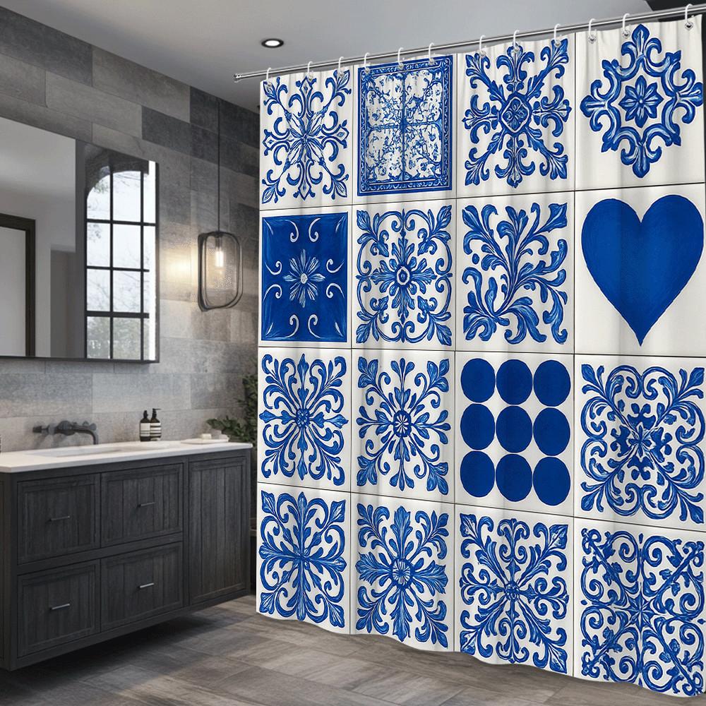 Model cu faianță albastru și alb Cortă de duș Lavabilă la mașină Toate sezoanele Impermeabilă Protecția intimității Design mediteranean Elegant
