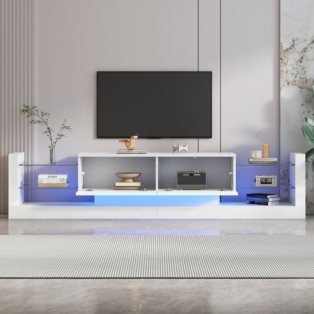 Hochglanz-TV-Schrank mit LED-Beleuchtung, 181 cm – Für TVs bis 80 Zoll, Glasfront, Zwei Klappschubladen