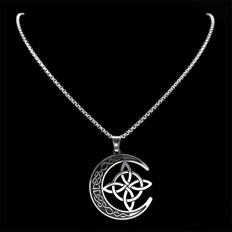 Collane Celtiche Irlandesi Nodo a Falce Acciaio Inossidabile Amuleto Luna Strega Collana a Catena di Protezione Zircone collier luna N8145S1