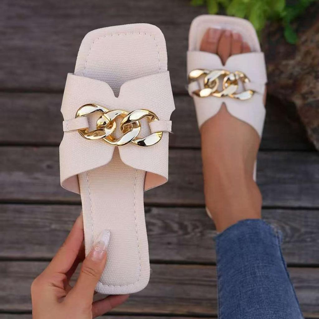Women Slippers 2026 New Fashion Slippers Square Toe Chain Slippers Beach Metal Decoration Flat Sandals Casual Shoes Slides Women