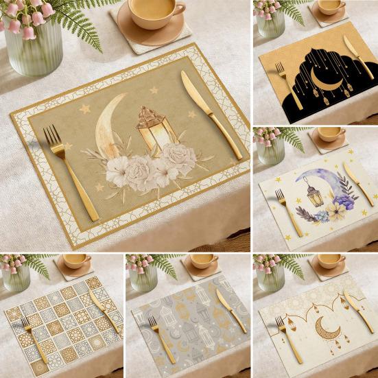 Ramadan Placemat Moon Heat Resistant Non-slip Star Lantern Mosque Table Mat Eid Holiday Party Home Kitchen Dining Table