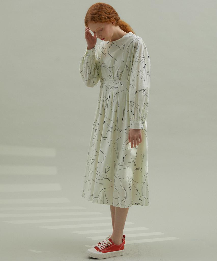 Manavis Seven Scribble Cotton Dress Ivory