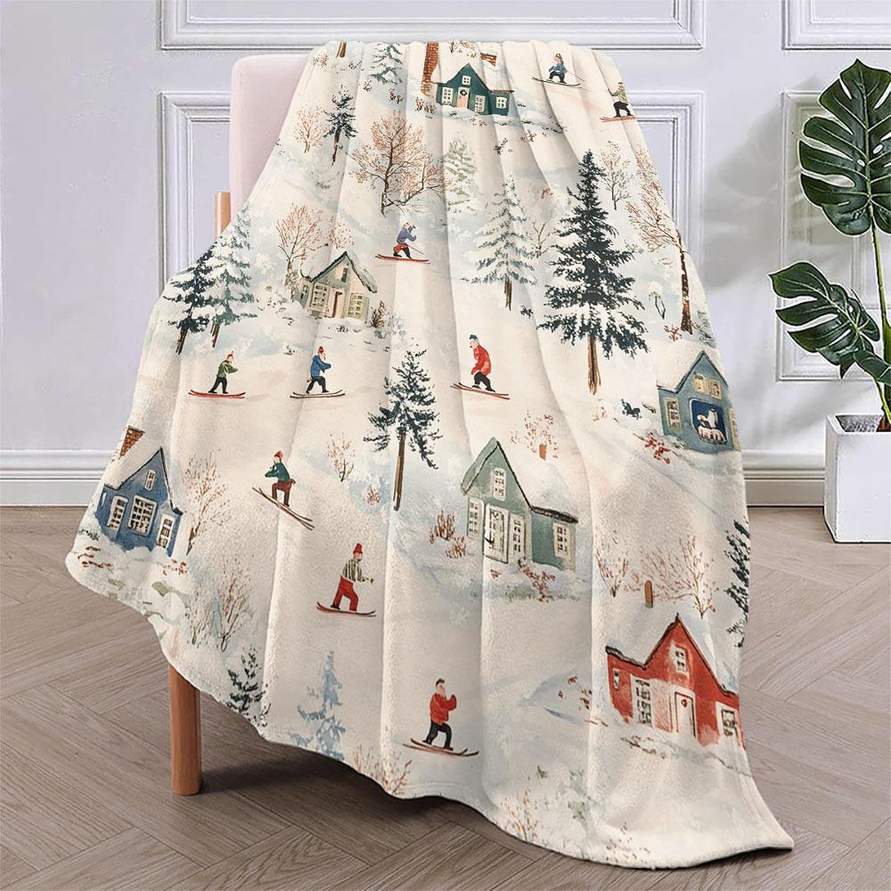 Winter Cabin Ski Flannel Blanket - 100% Polyester Digital Print | Hypoallergenic | All-Season Bed/Travel/Camping Throw