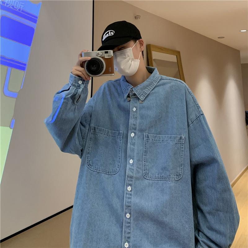 Denim Long-sleeved Shirt Men's Solid Color Autumn Korean Style Trendy Simple Shirt Hong Kong Style Loose and Handsome Ins Jacket