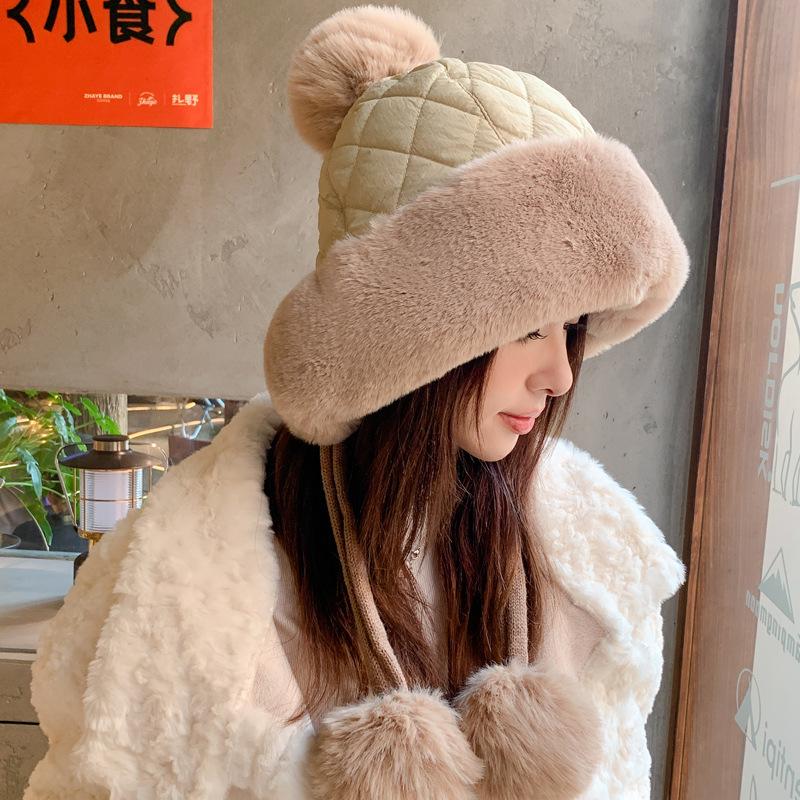 Autumn and winter women's fashion versatile cute hairball ear protection hat cold-proof thickened fluff cap pullover hat tide