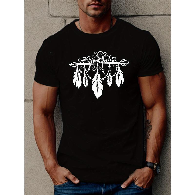 European Sizes Feathers Print T Shirt, Tees For Men, Casual Short Sleeve T-shirt For Summer