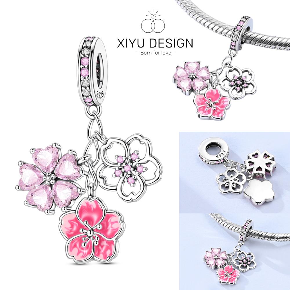 Copper Metal Romantic Pink Cherry Blossoms Pendant Bead Component Designed Authentic Original Bead Components Designed For High Quality Fine Jewelry