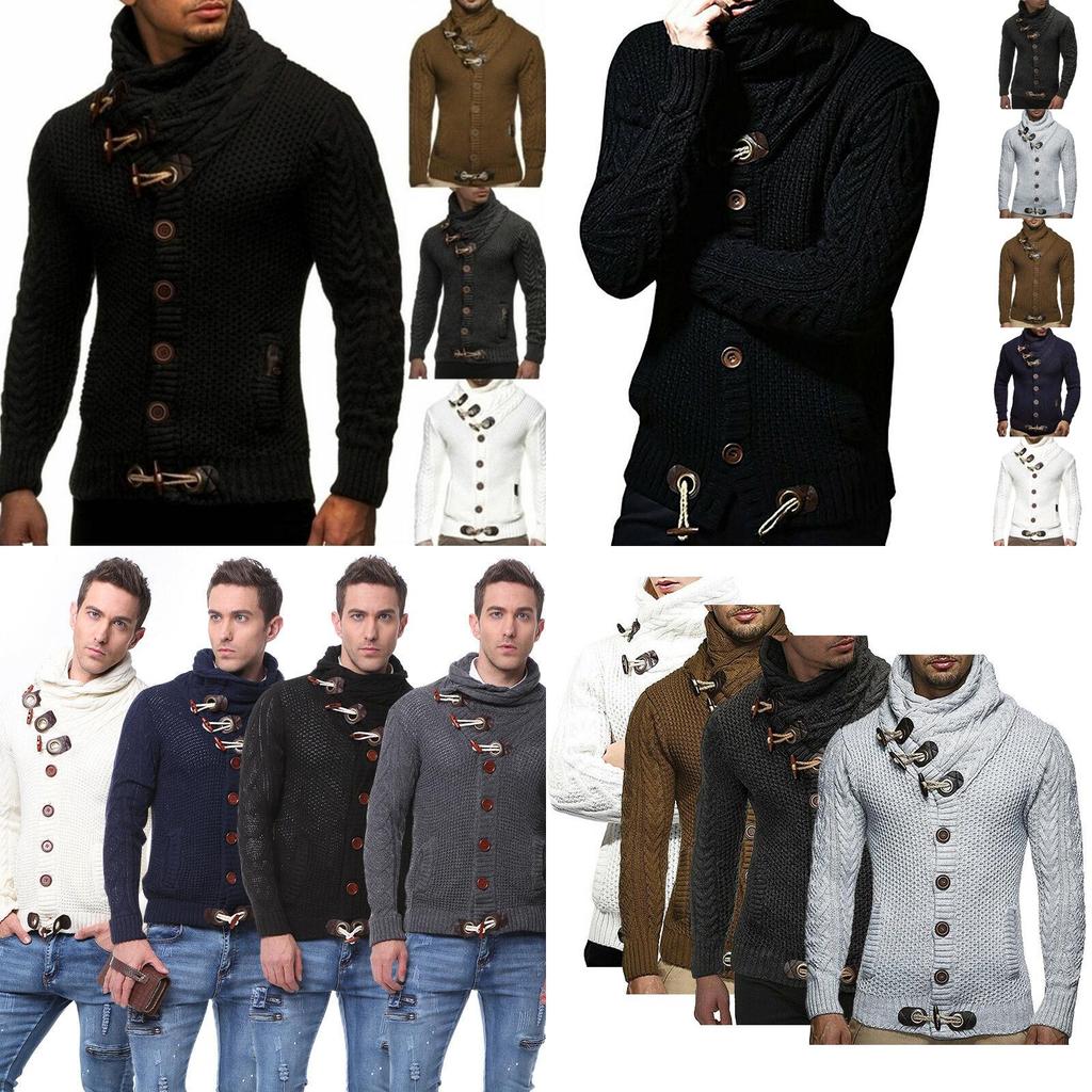 Elegant Men Long Sleeve Knitted Sweater With Horn Buttons And Turtleneck Coat Cardigan