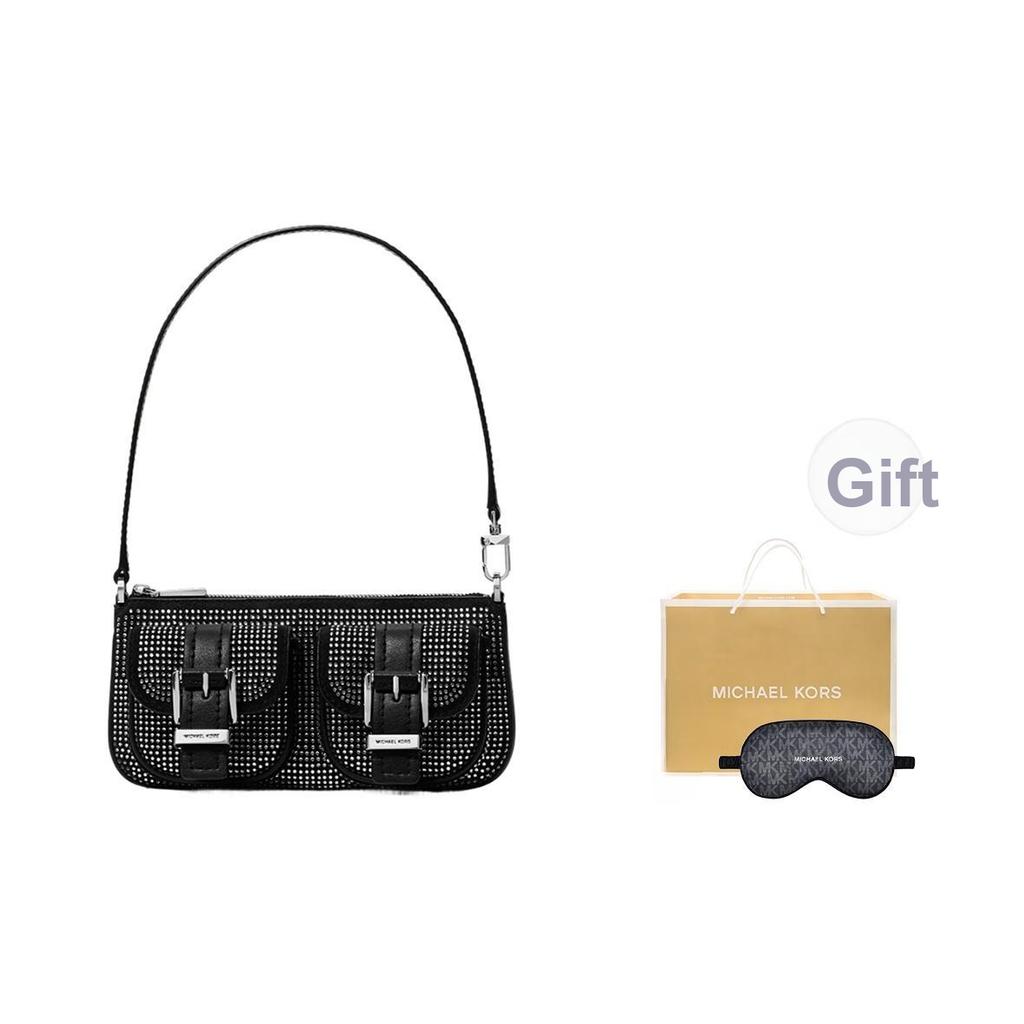 Michael Kors MK Zoe Crystal Decorated Suede Shoulder Bag Women Shoulder Bag Black 32F5SZCU1Y-BLACK