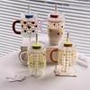 New 760ml Cartoon Printed Car Cup, High Borosilicate Glass Straw Cup with Handle, Double Drinking Car Office Casual Cup Lijiao