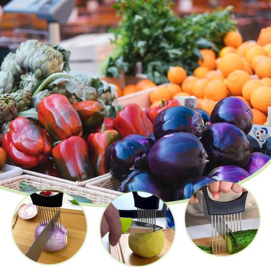 1 Set Zwiebelschneider Edelstahl Kartoffel-Tomaten-Schneidehalter Rutschfester Griff Gemüse-Zitronenschneider Zerkleinerer für die Küche