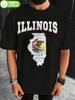 Proud American Illinois Map Print T-shirt - 100% Cotton Short Sleeve Crew Neck