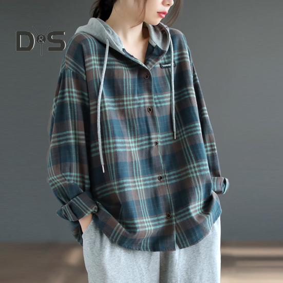 Women Shirt Hooded Drawstring Long Sleeve Plaid Print Patchwork Color Shirt Tops Single Breasted Loose Fit Shirt Coat