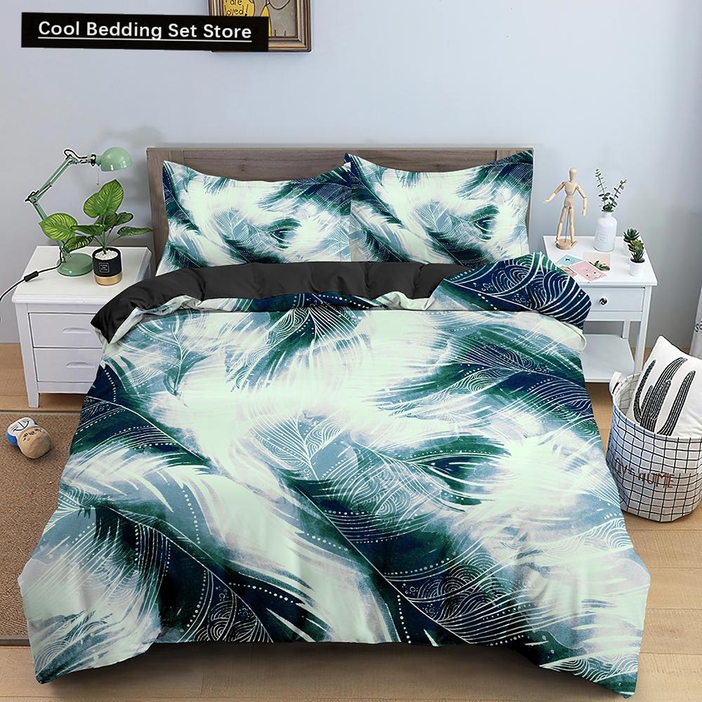 Boho Federn Bettbezug Queen King Size Bunt Vogel Feder Bettwäsche Set Tropische Blätter Polyester 3tlg