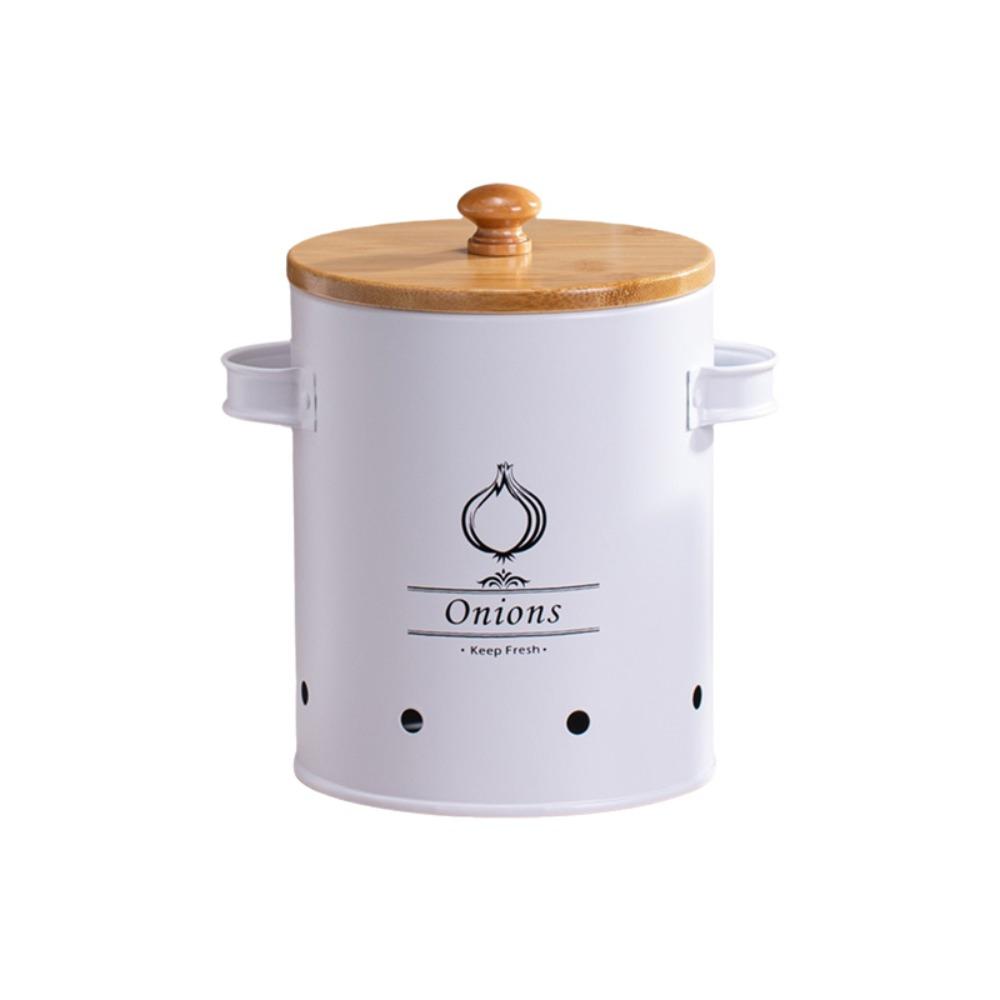 Carbon Steel Potato Onion Garlic Storage Jar Ventilation Holes with Lid Garlic Storage Bin Cylindrical White