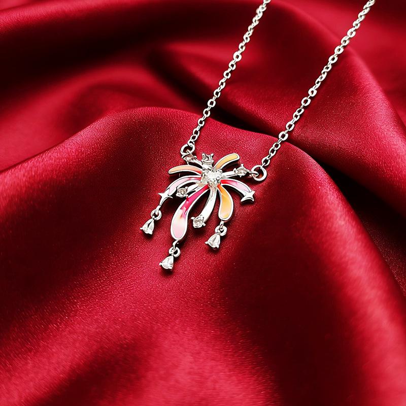 Sterling Silver Fireworks Coconut Tree Enamel Pendant Necklace for Women – Luxurious Clavicle Chain Fashion.