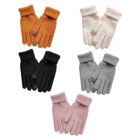 Knitted Touch Screen Gloves Solid Color Stretchy Warm Gloves with Ribbed Cuffs Unisex Thickened Winter Knit Gloves