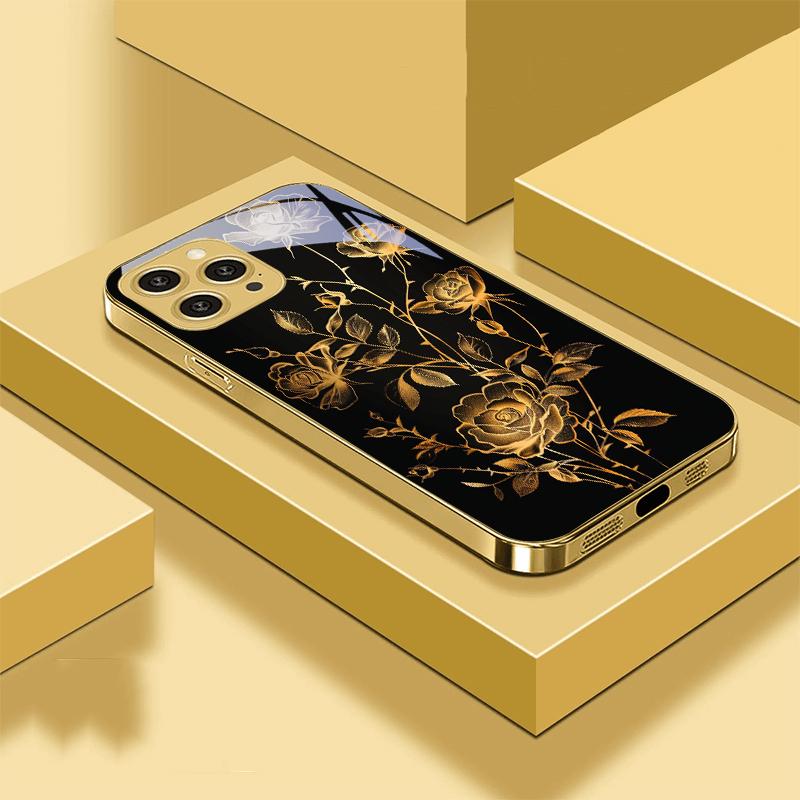 Flores Rosa Douradas Para IPhone 16 Pro Max 15 P Ro 14 M Ax 13 Plus 12 Mini 11 XS Max XR Capa de Telefone em Vidro Temperado Dourado