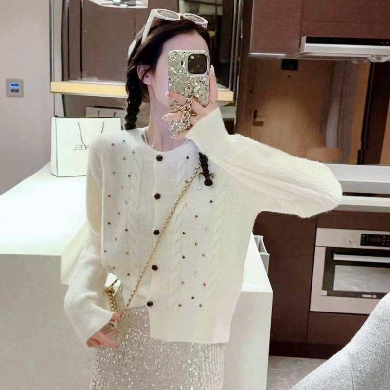 New Autumn and Winter Design Cardigan Round Neck Diamond Inlaid Small Fresh Knitted Red Cardigan Sweater Jacket Top