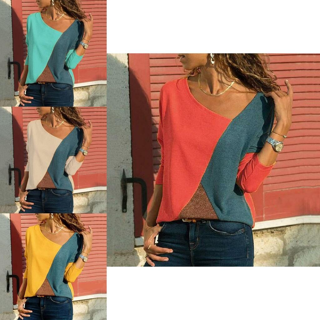Stylish Women T-shirts Long Sleeve Round Neck Patchwork Pullover Slim Fit Female Tops
