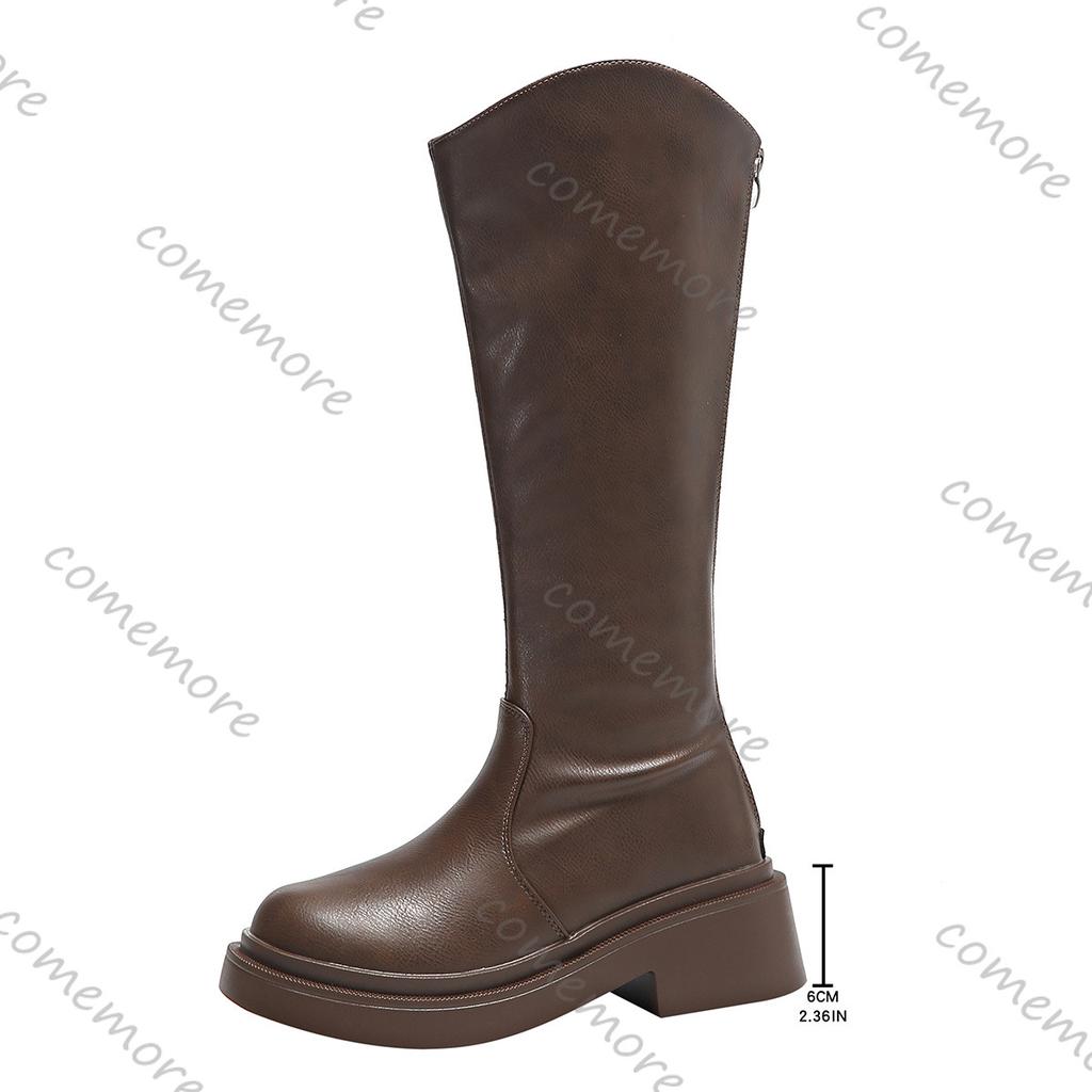 Comemore Long Boots Women's Autumn Winter Shoes Round Head High Heel Back Zipper Soft Leather Female Knee High Botas