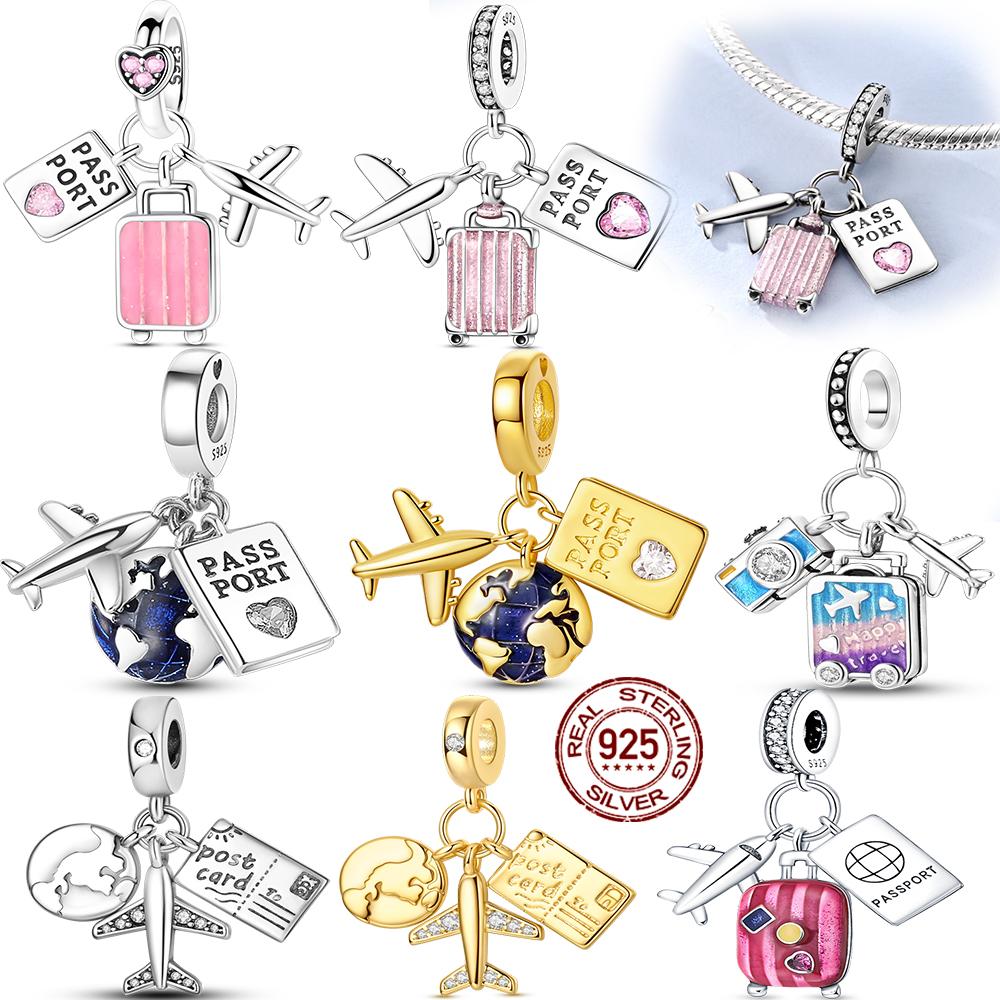 925 Silver Plane Passport Suitcase Series Pendant Charms Jewelry Fit Original 925 Bracelet For Women DIY Gift