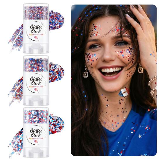 Independence Day Body Glitter Stick, Patriotic USA Flag Face Hair Glitter Accessories, Sparkling Red White Blue Glitter Makeup Stick for 4th of July