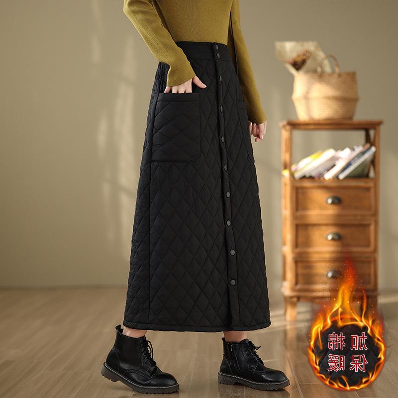 Women's High Waist Extra Long Windproof Down Cotton A-line Skirt - Thickened, Buttoned, Plus Size Winter Style