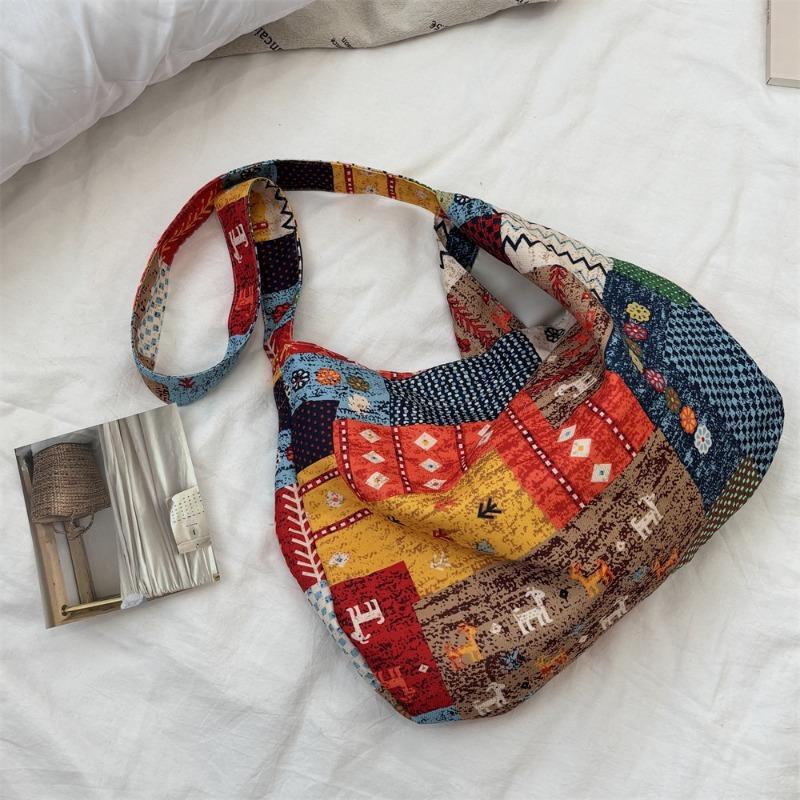 New retro ethnic style contrasting color collage shoulder messenger bag large capacity underarm canvas bag women
