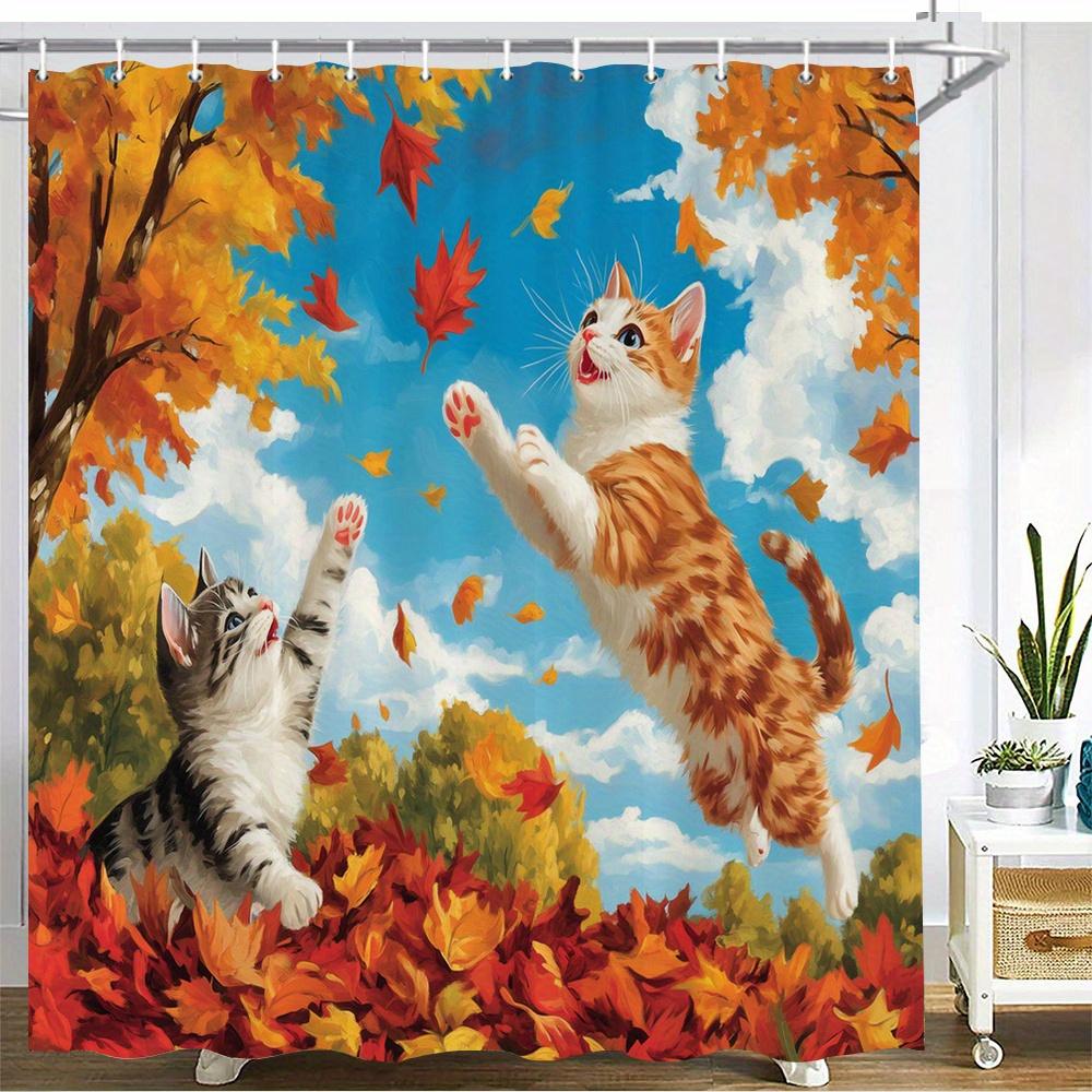 Playful Cats in Autumn Leaves Waterproof Mildew-Resistant Shower Curtain - Seasonal Design for a Cozy Bathroom Décor Experience