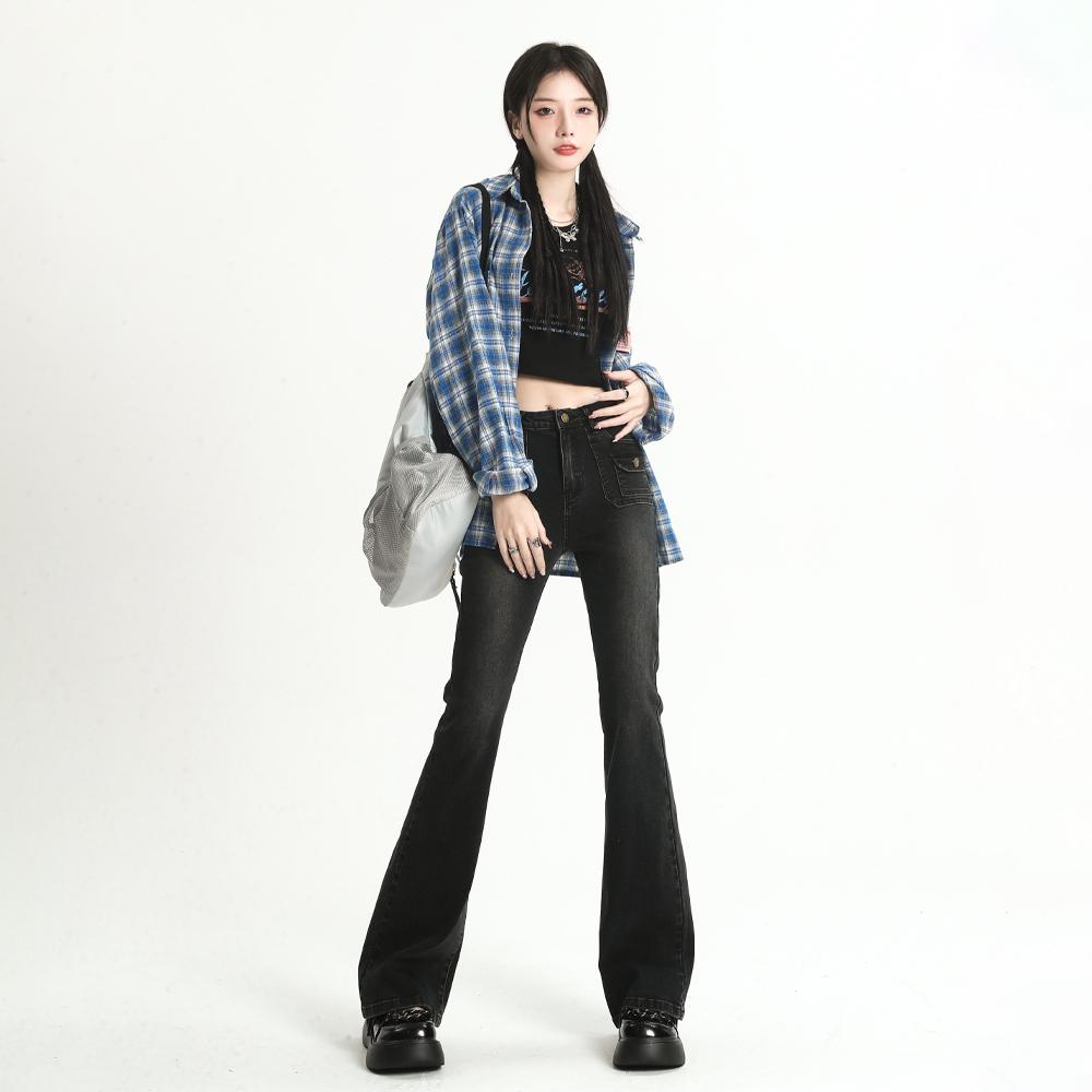 Retro Blue Flared Pants Women's Autumn and Winter Straight Stretch High Waist Denim Trousers Street Fashion