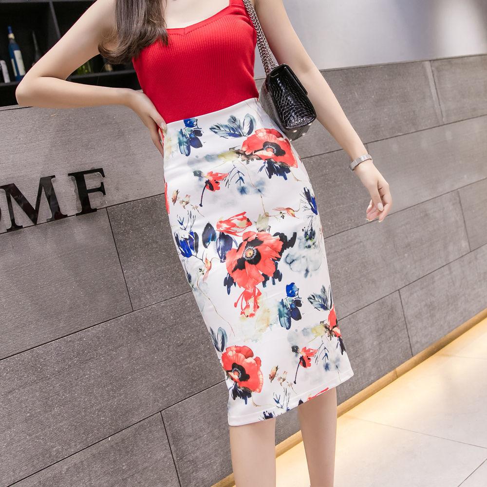 Sommer Cartoon Print Elegante Bleistift Rock Frauen Bodycon Hohe Taille Knielangen Rock Weibliche